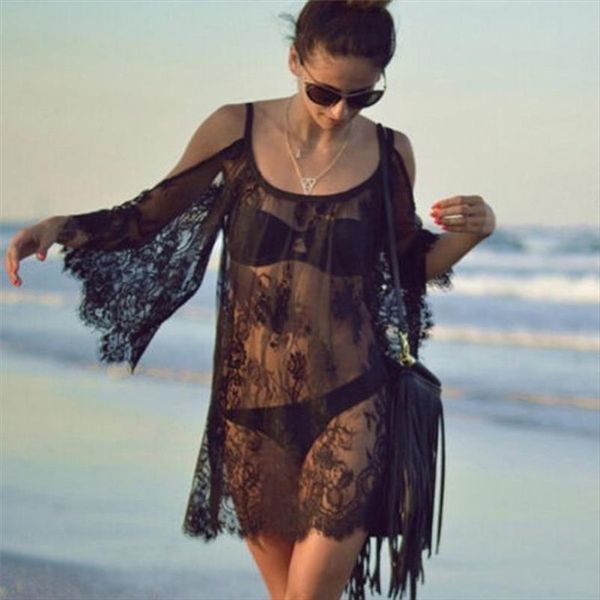 

lace bikini cover up women dress vestido casual swimsuit beachwear white black, Black;gray