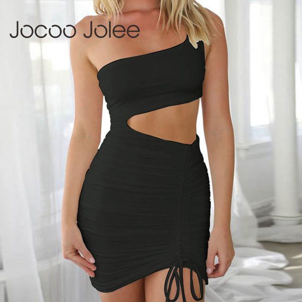 

women sleeveless one shoulder hollow out bodycon mini dress elegant solid drawstring pleated wrap party club 210428, Black;gray