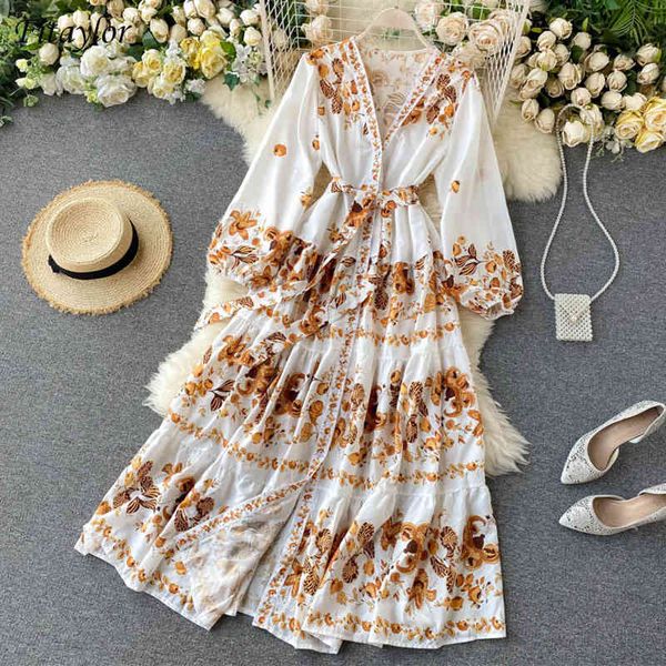 

casual dresses autumn vintage print women elegant v neck single breasted sashes tie up a line high waist slim dp9u, Black;gray