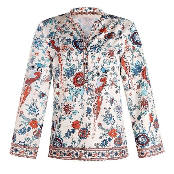 

autumn peacock printings loose shirt button long-sleeved plus size clothing for women blouse shirts women's blouses &, White