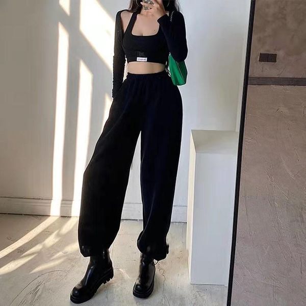 

women's pants & capris s-4xl summer elastic high waist sweatpants for women casual loose solid color wide leg plus size trousers, Black;white