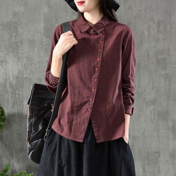 

womens shirt spring women plus size long sleeve short casual ladies cotton plaid turn down collar vintage blouse shirts, White