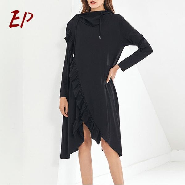 

fashion 2021 spring autunm style office lady women's clothing long sleeve black hooded split asymmetrical dresses casual, Black;gray
