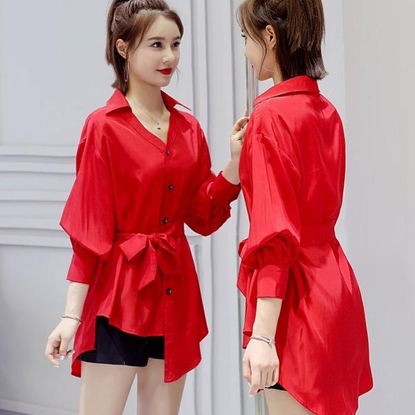 

women's blouses & shirts red chiffon women summer 2021 asymmetrical bandage slim solid long office lady elegant outwear, White