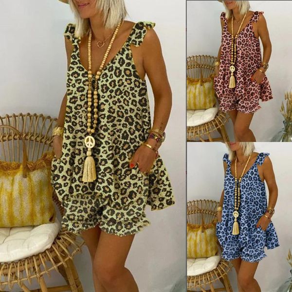 

women's tracksuits 2pc women summer sets sleeveless ruffles leopard print casual ladies home wear nightwear shorts 3 colors, Gray