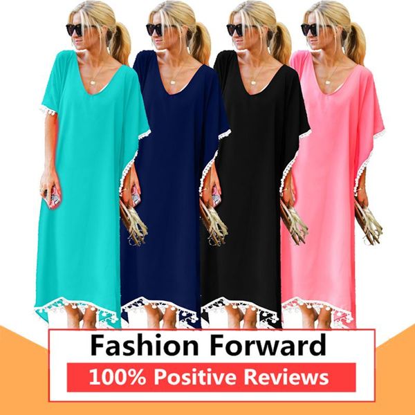 

summer v neck tassel chiffon beach maxi dress women's swimwear, White;black
