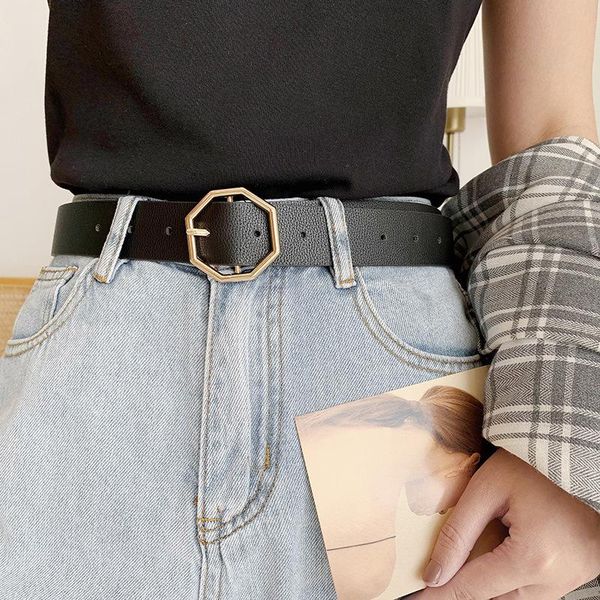 

belts pu leather belt for women octagon buckle waist trousers female black white brown strap casual jeans waistband 231, Black;brown
