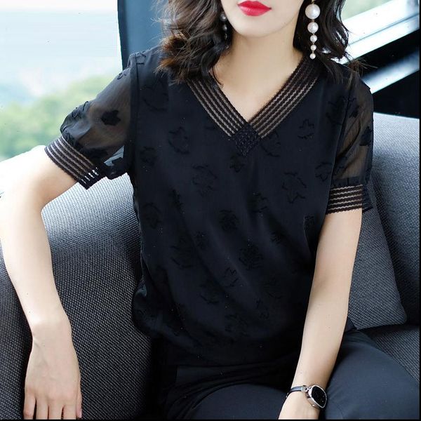 

women shirt spring summer style chiffon blouses shirts lady casual short puff sleeve v neck loose blusas zz0843, White