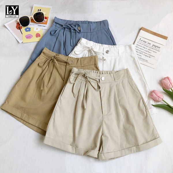 

ly varey lin summer women fashion solid color loose white pink button shorts casual high waist lace-up wide leg female 210526, White;black