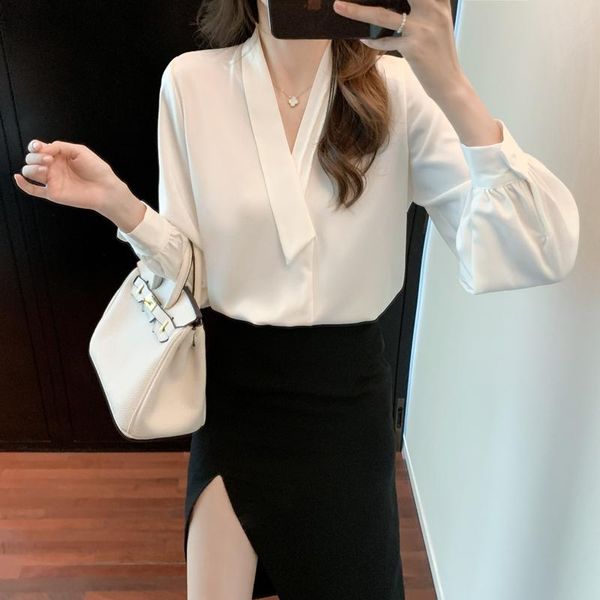 

women's blouses & shirts coigarsam blouse women autumn 2021 long sleeve chiffon v-neck white blusas womens and