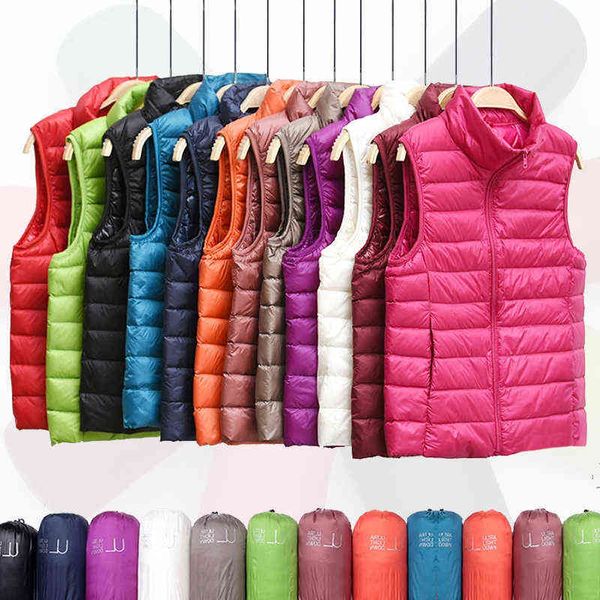 Ultra Fino Down Jacket Light Light Waistcoat Feminino Sem Mangas Colhido Baiacado Jaqueta Colete Lining Mulher Casaco de Inverno Primavera 211130