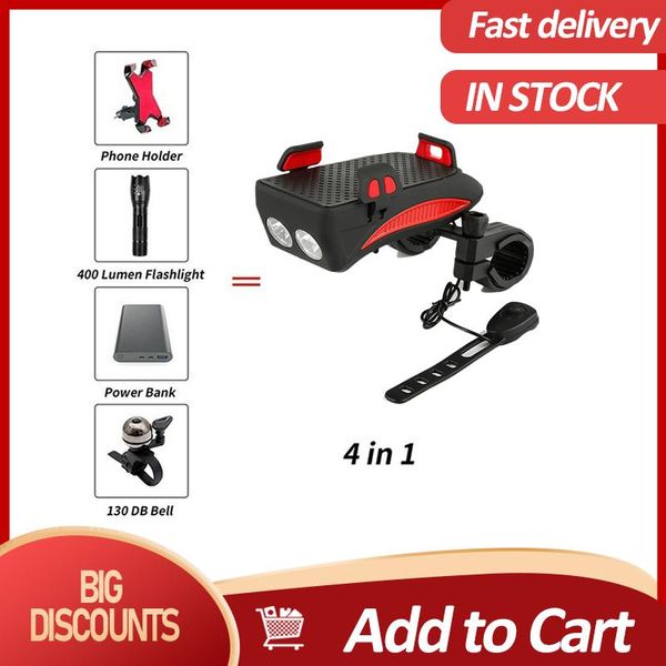

in 1 mtb cycling front light multi-function bicycle usb rechargeable led bike head lamp horn phone holder powerbank lights