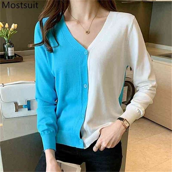 

color-blocked knitted women cardigan sweater full sleeve v-neck jumpers korean fashion elegant ladies femme 210513, White;black