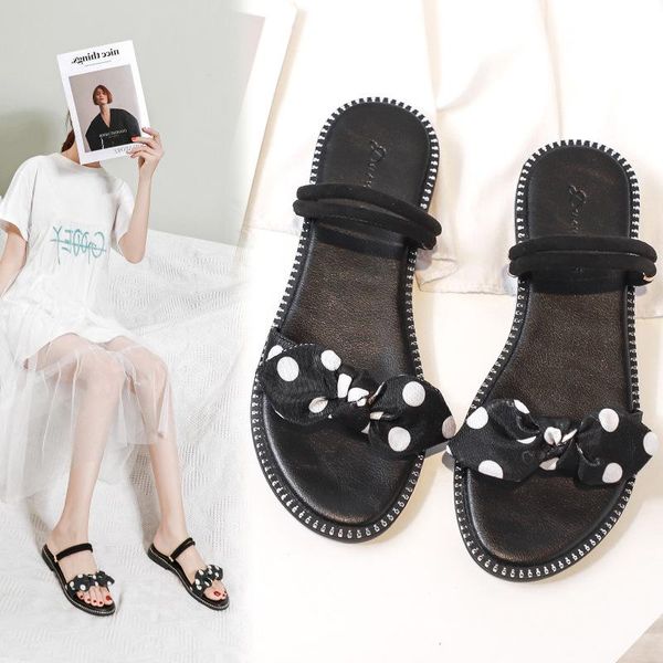 

polka dot bowknot sandals women slippers big size 40/41summer beach shoes woman low heels rome two ways slip on sandalias femme, Black