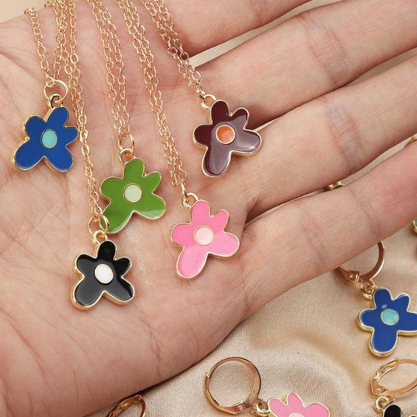 

earrings & necklace aesthetic colorful dripping oil flower pendant fashion small gold metal hoop jewelry sets for women, Silver