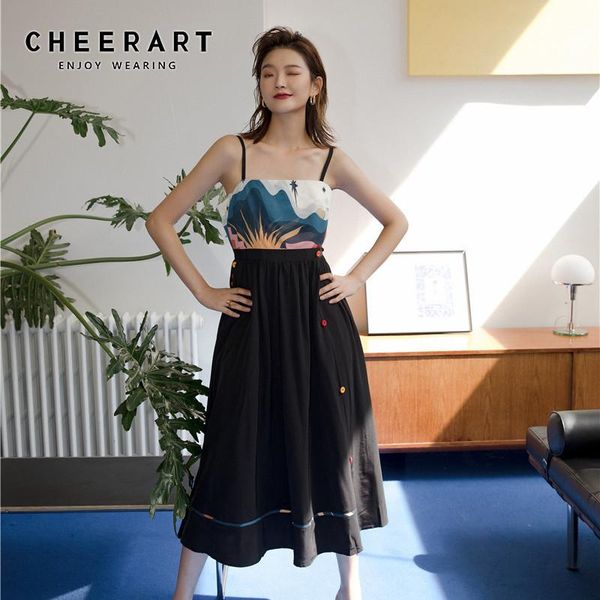 

casual dresses cheerart ukiyoe long tunic slip dress women patchwork spaghetti strap a line midi designer backless sundress 2021, Black;gray