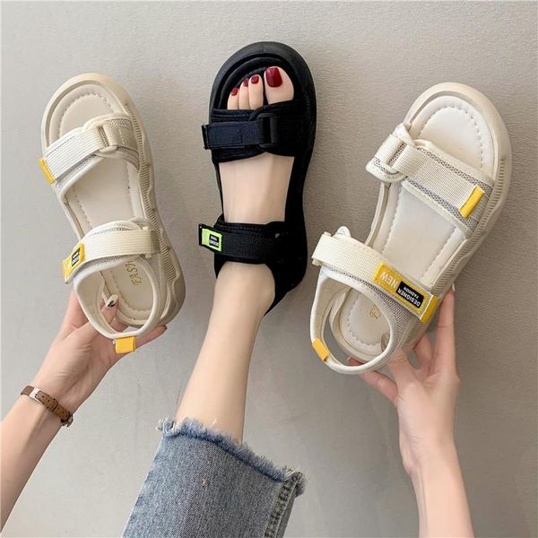

sports women's sandals low-heeled shoes with strap all-match 2021 summer suit female beige outside flat comfort b, Black