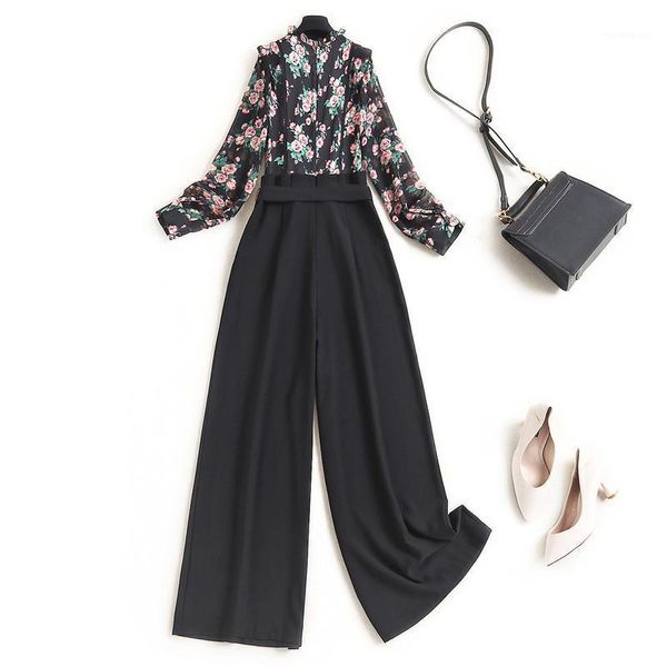 

women's jumpsuits & rompers runway fashion 2021 spring designers women floral print chiffon patchwork jumpsuit wide leg pants o, Black;white
