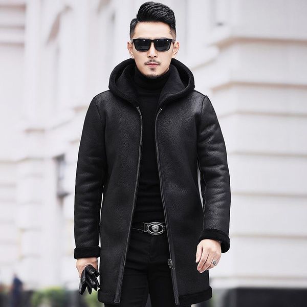 

men's leather & faux wear sheepskin and wool one piece man hooded liner thickened slim fit sheep sheared winter fur coat, Black