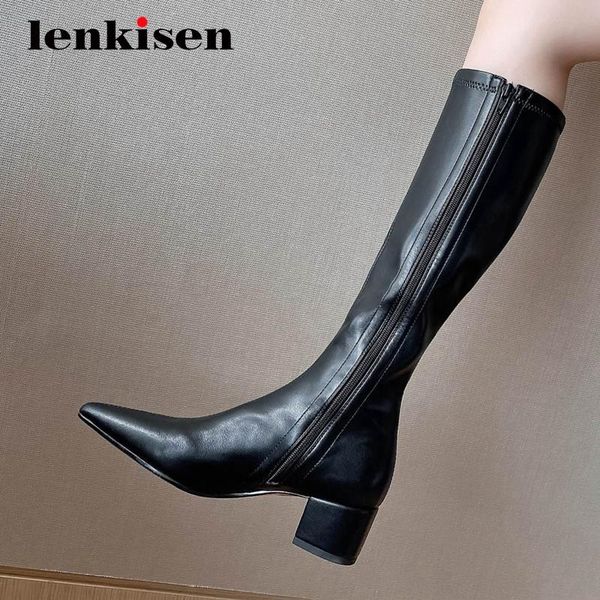 

boots lenkisen european style genuine leather high fashion pointed toe med square heels zipper young lady dating knee-high l08, Black