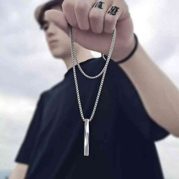 

2021 new ins minimalist stainls steel chain necklace spiral rectangle pendant necklace, Silver