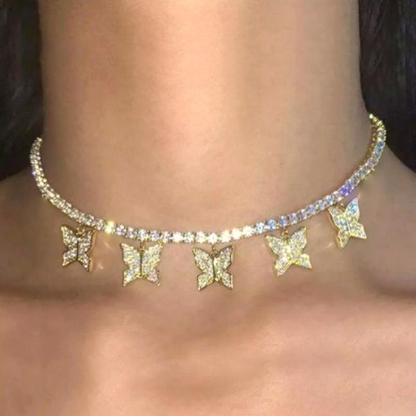 

chains iced out rhinestone paved butterfly tennis chain necklaces for women gold color metal charm choker necklace jewelry, Silver