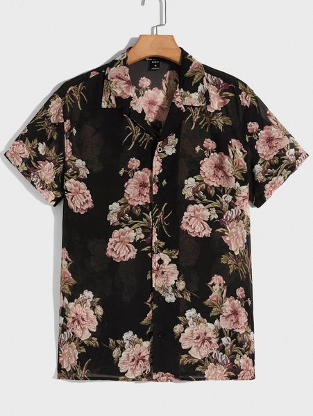 

men floral print lapel neck shirt 11p8#, White;black