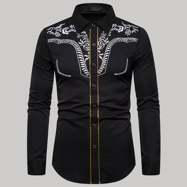 

men's casual shirts 2021 fashion embroidered trend shirt western style summer solid color lapel long sleeve single-breasted, White;black