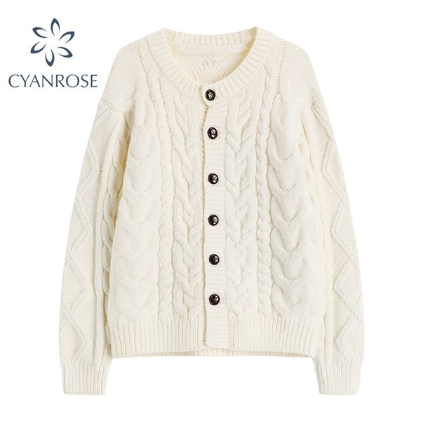 

twist sweater solid cardigan vintage o neck long sleeve women's knitwear baggy single breasted korean ins ol female knitted 210515, White
