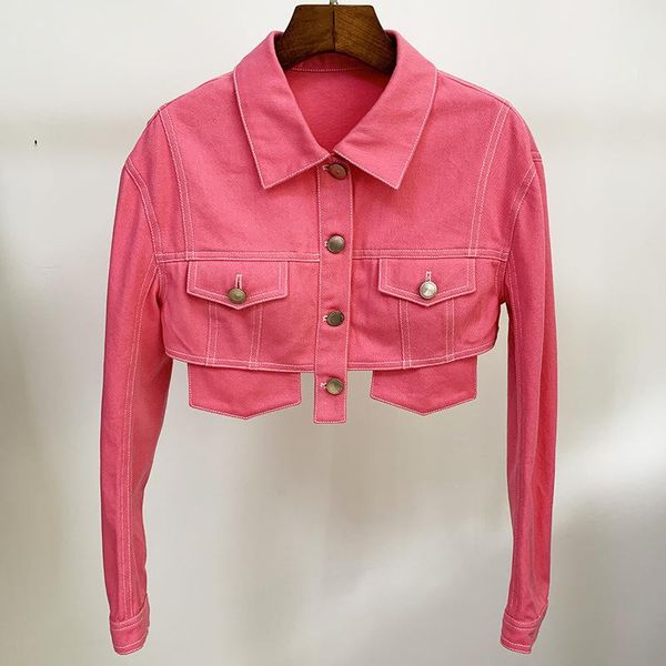 

women's jackets crop jeans pink ripped long sleeve denim jacket women high street single breasted short veste femme, Black;brown
