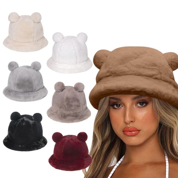 

wide brim hats fashion autumn women winter cute bear ears fur bucket hat ear ball plush fisherman soft warm thick basin #gm, Blue;gray