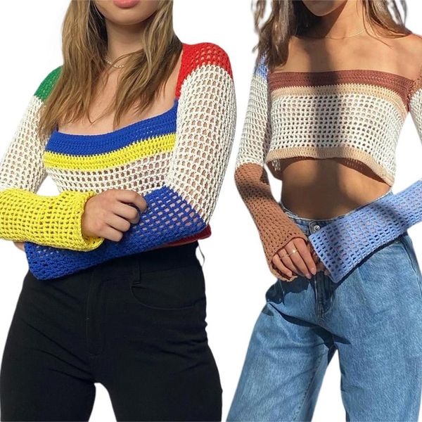 

women's sweaters hirigin fashion women y2k hollow out knitwear variegated color square collar long sleeve high street crop pullover, White;black