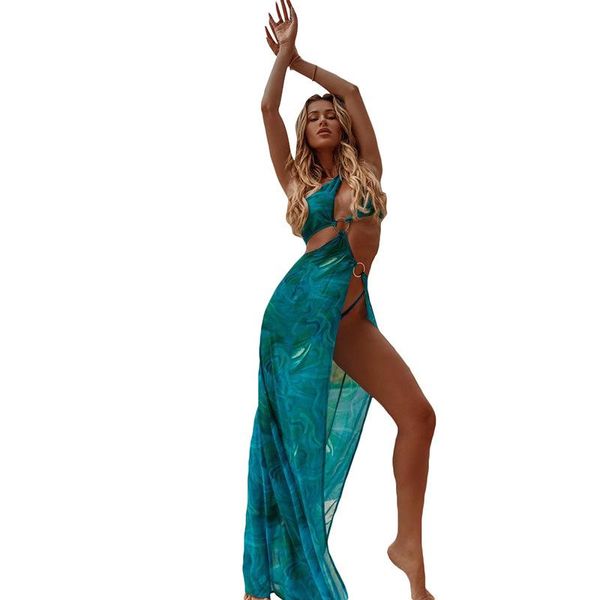 

women's swimwear mesh swimsuit cover up women one shoulder steel ring splice robe 2021 fashion print see through dress, White;black