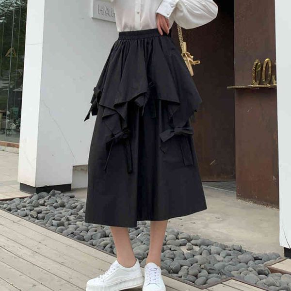 

skirts spring sweet bowknots irregular solid white/black a-line cotton long 5bbb