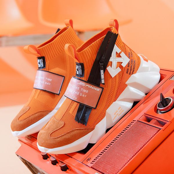 

fashion orange zipper high sneake for men slip-on chunky sock shoes men comfortable knitted casual sneaker men