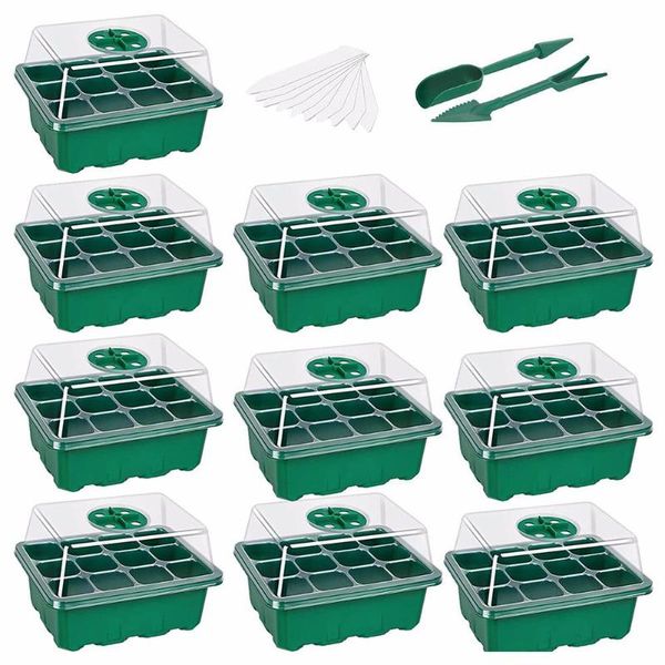 10pcs Piantatura Seme Starter Vassoio Kit Sementling Germination Box Giardinaggio Forniture Base 12 celle per Bonsai Plant Pots