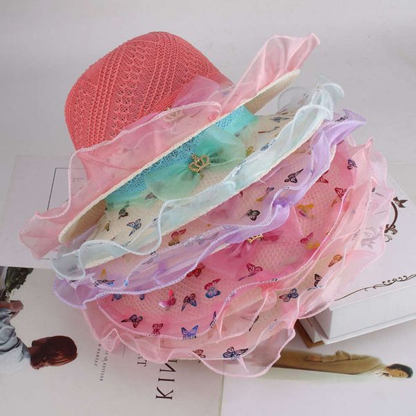 

sun hat for children in spring and summer korean fashion with yarn women's baby children's sunshade straw beach hat, Yellow