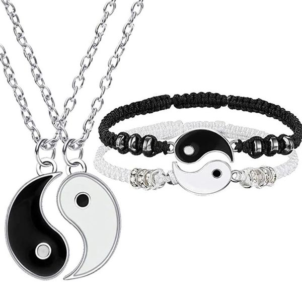 

charm bracelets tai chi yin yang couple necklaces set alloy pendant adjustable braid chain bracelet matching lover, Golden;silver