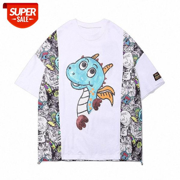 

american high street graffiti print t-shirt loose cartoon dinosaur illustration hole short-sleeved tee men and women #6d4k, White;black