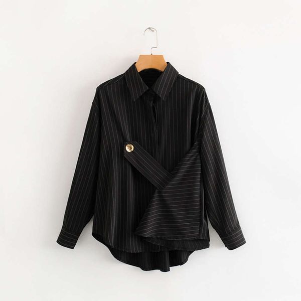 

women's spring and autumn lazy wind lapel gold striped shirt, Black;brown