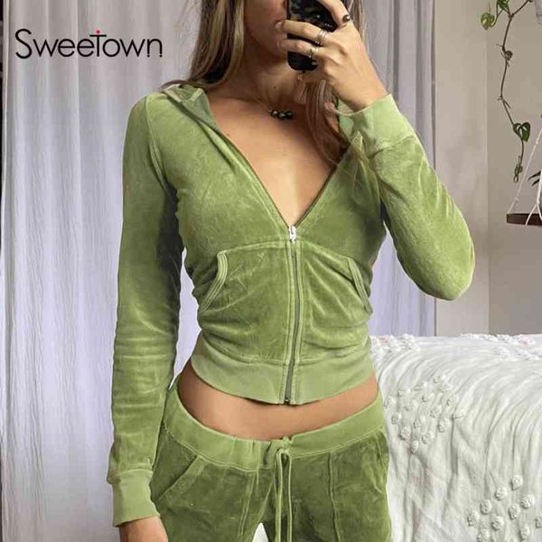

sweetown pink sweet cute velvet crop hoodies women zip up hooded jacket pullover vintage aesthetic casual green sweatshirts, Black