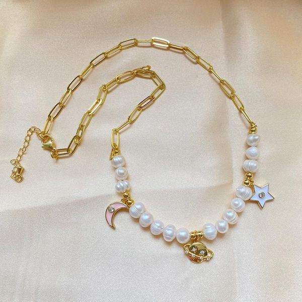 

pendant necklaces wholesale custom decoration diversity brass eye moon star charm freshwater pearls paperclip chain necklace, Silver
