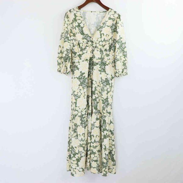 

women elegant fashion floral print ruffled midi dress vintage v neck three quarter sleeve female dresses vestidos robe za 210510, Black;gray