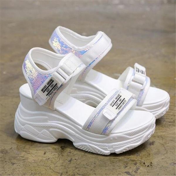 

summer sandals 6cm wedge heels sneakers women beach flip flop high heeled casual bling open toe walking slippers dress shoes, Black