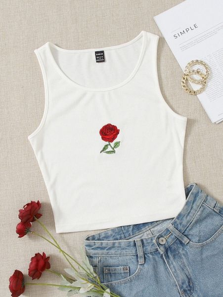 

floral embroidered crop tank 30bh#, White