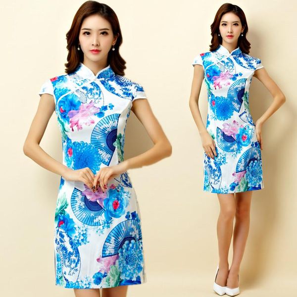 

3xl plus size chinese traditional women blue flower print cheongsam qipao party lady female big short midi dress vestidos ethnic clothing, Red
