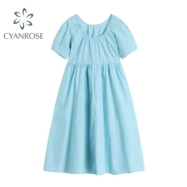 

korean mori girl women's dress fashion short sleeve high waist slim loose fluffy frocks mujer blue&white o neck beach lady 210515, Black;gray