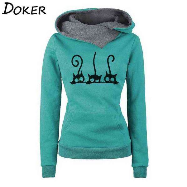 Hoodies Frauen Herbst Winter Mode Cat Prind Long Sleeve Übergroße Pullover Sweatshirt Vintage Warme Hooded Tops Ropa Mujer 211108