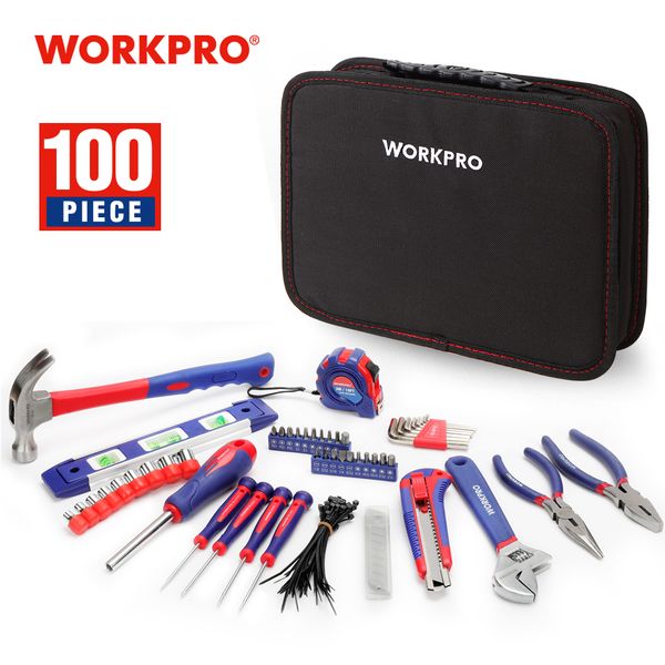 

workpro 100pc household tool set kitchen mechanic tool kit pliers screwdrivers sockets wrenches hammer knife
