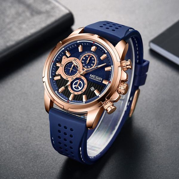

wristwatches megir sport chronograph silicone strap mens watches fashion casual quartz clock luminous hands watch men, Slivery;brown